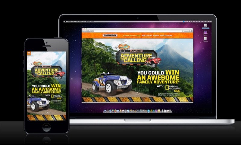 Matchbox Adventure Is Calling sweepstakes site shown on a laptop and a phone
