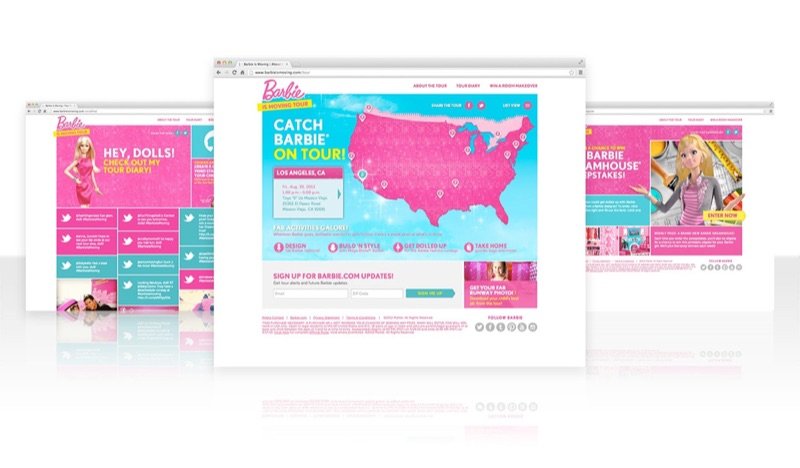 Three pink Barbie tour web pages with a map of tour stops across the United States