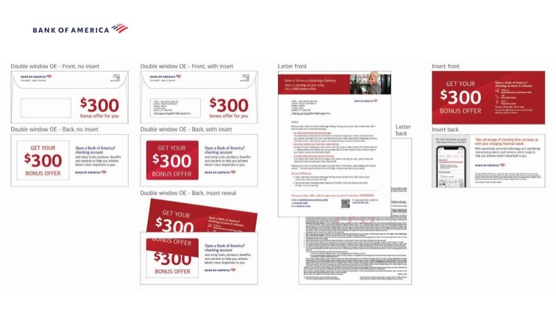 Bank of America $300 bonus offer mailing with envelope, insert and letter
