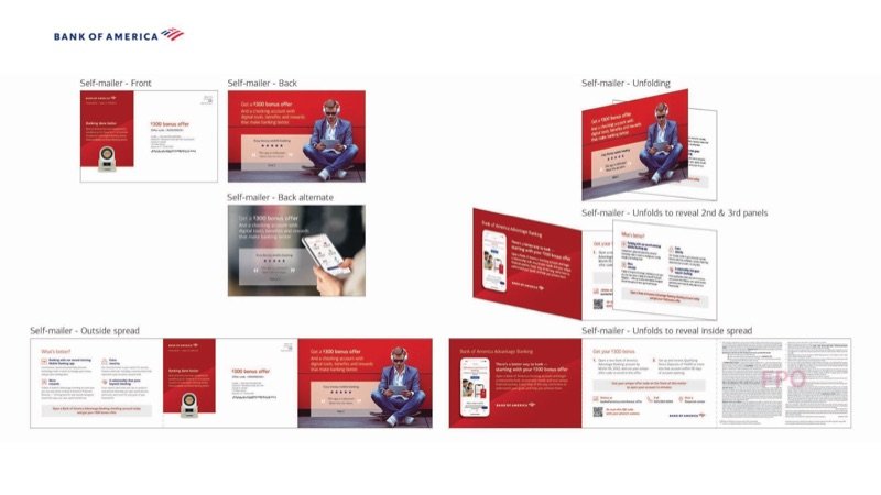 Bank of America self-mailer shown front, back and unfolding to reveal the inside spread