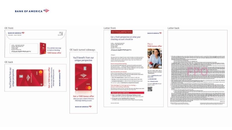Bank of America $100 bonus mailing with envelope, card visual and letter