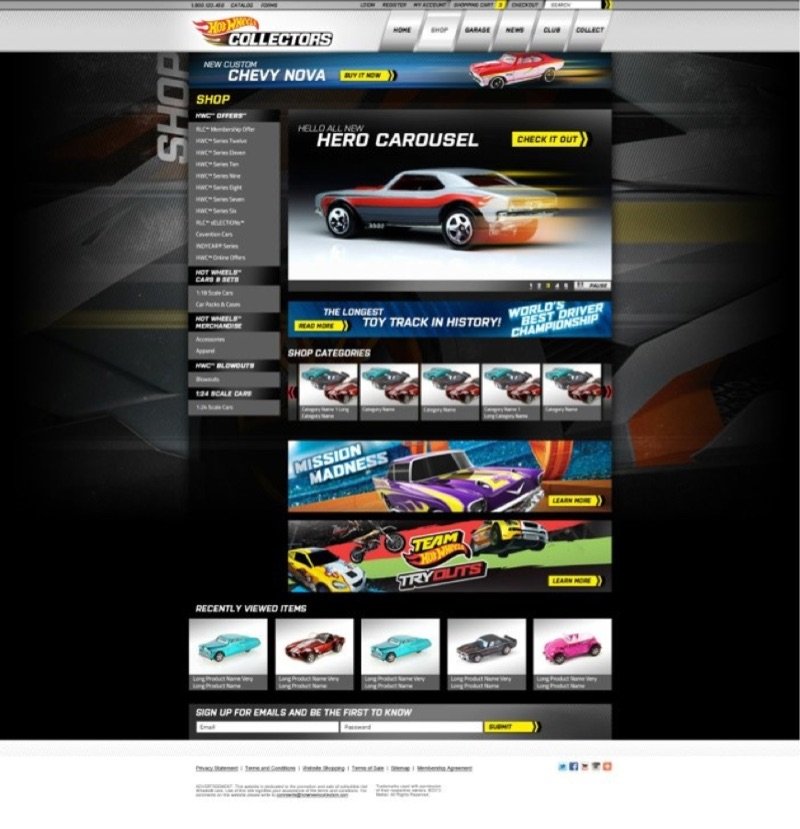 Hot Wheels Collectors online shop featuring a custom Chevy Nova and category tiles