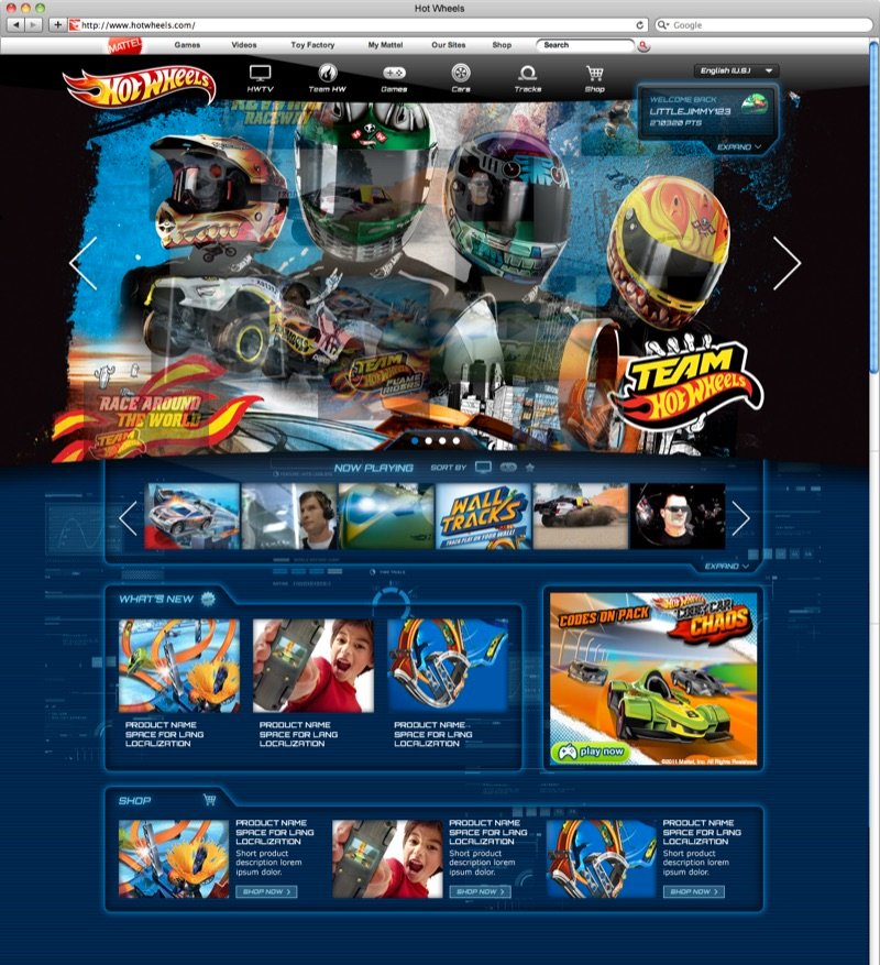 Hot Wheels homepage with racing helmets in the hero and rows of videos and products below