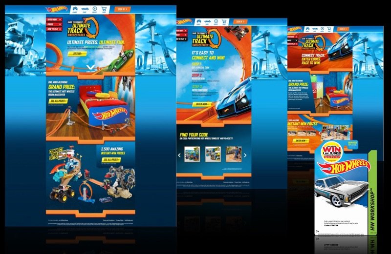 Hot Wheels Ultimate Track promotion pages with prizes and a code entry flow