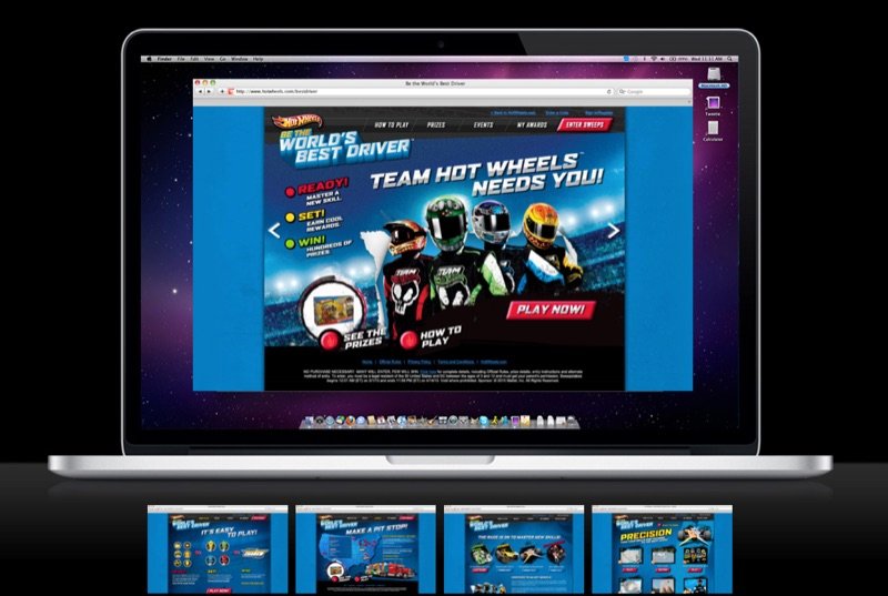 Hot Wheels World’s Best Driver promotion site on a laptop with four racing drivers