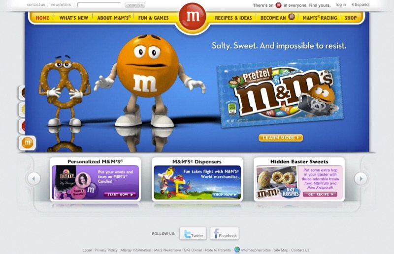 M&M’S homepage introducing Pretzel M&M’S with the orange character