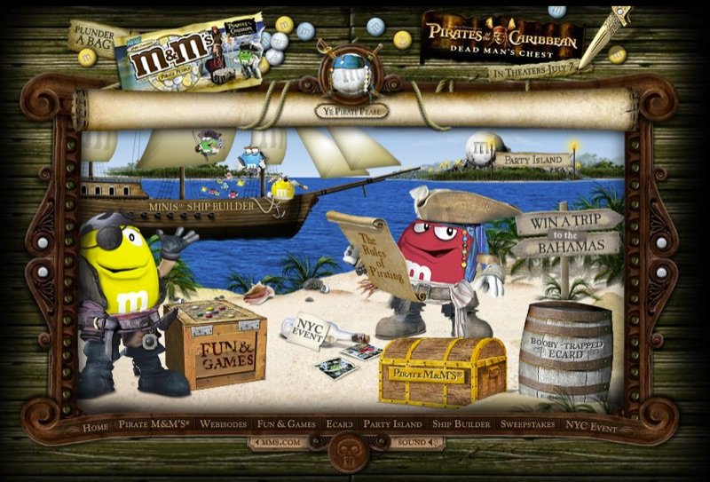 M&M’S pirate-themed microsite with the red and yellow characters on a treasure island