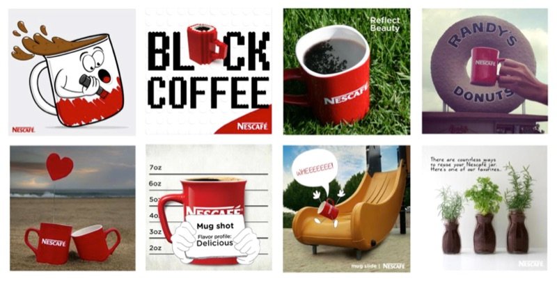 Grid of eight Nescafé social posts built around the red Nescafé mug