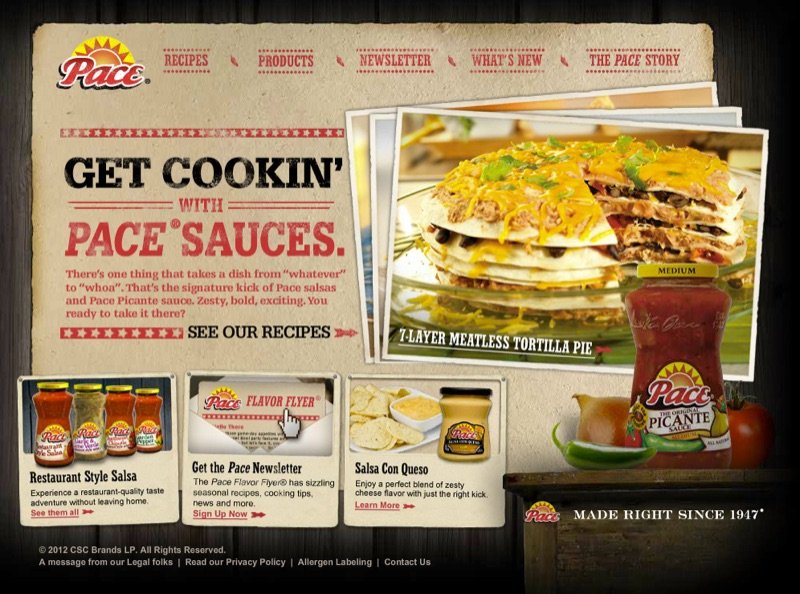 Pace sauces site with a rustic recipe card layout and a seven-layer tortilla pie