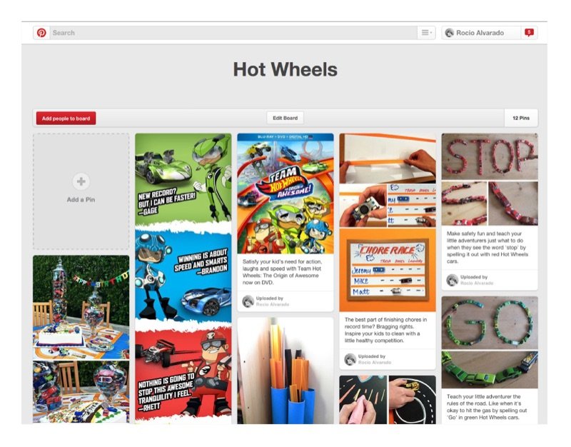 Hot Wheels Pinterest board with character cards and car-themed activities for kids