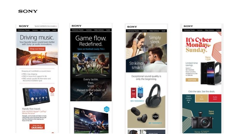Four Sony promotional emails for car audio, televisions, headphones and Cyber Monday