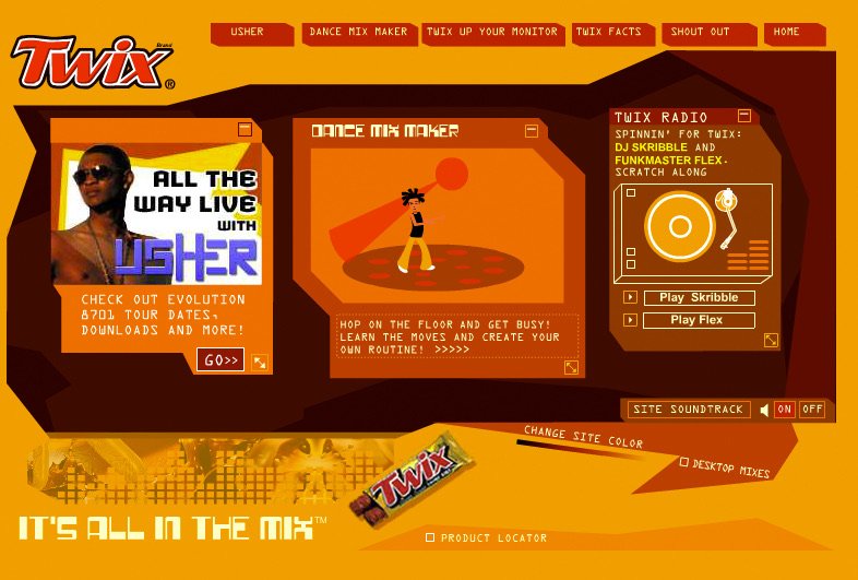 Orange Twix microsite with an Usher tour feature, a dance mix maker and Twix radio