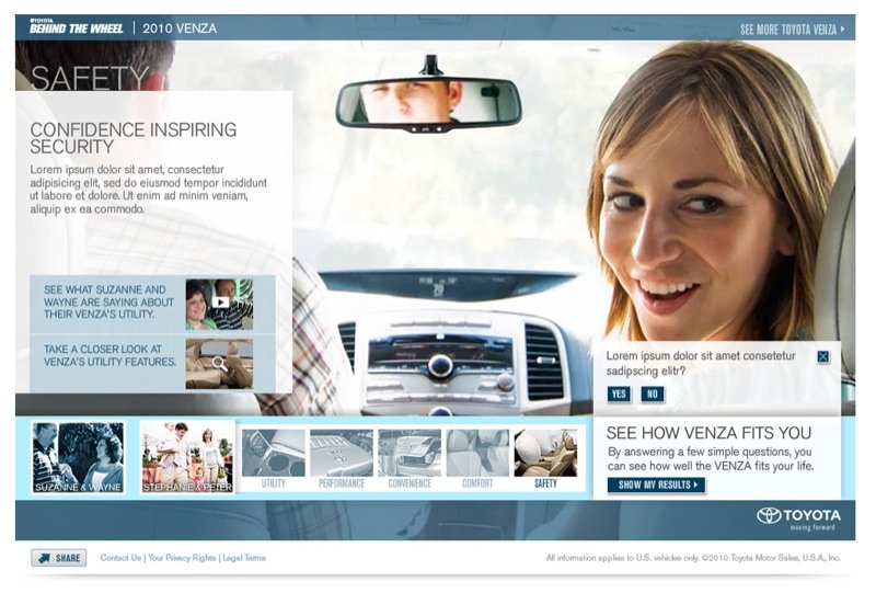 Toyota Venza interactive site safety section with a driver smiling in the rearview mirror