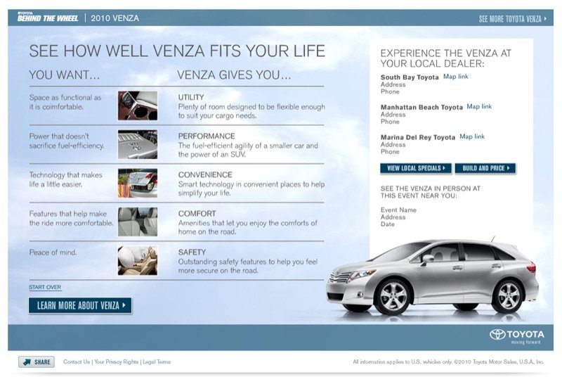 Toyota Venza results page matching what you want to what the Venza gives you
